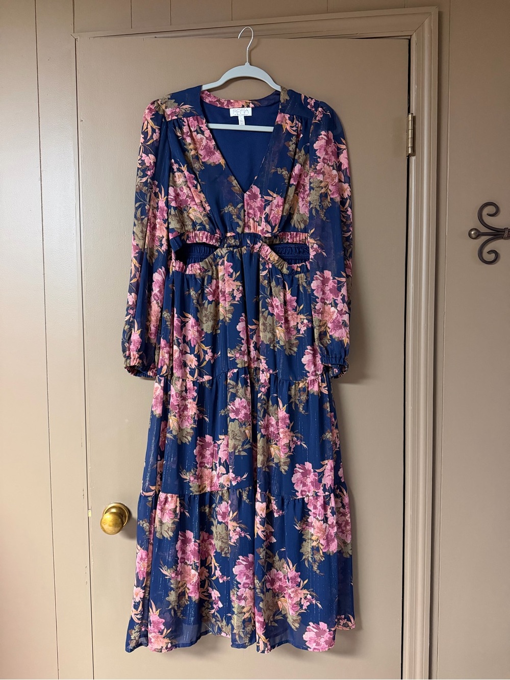 sofia by sofia vergara Navy Floral Tiered Midi Dress with Pink Blooms
